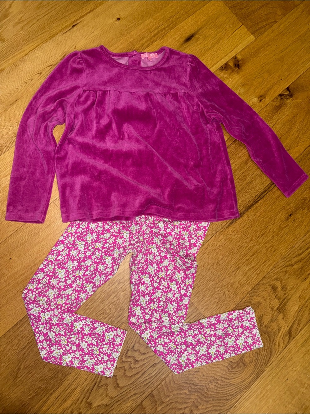 Girls Bright Fuchsia Plush Top & Pink Floral Leggings Pajama Set